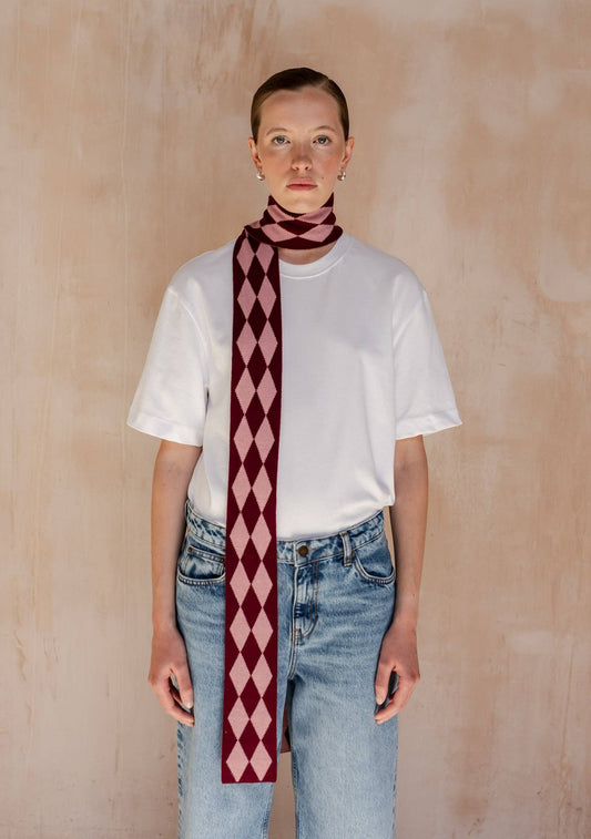 TBCo - Merino Wool Skinny Scarf in Burgundy Harlequin
